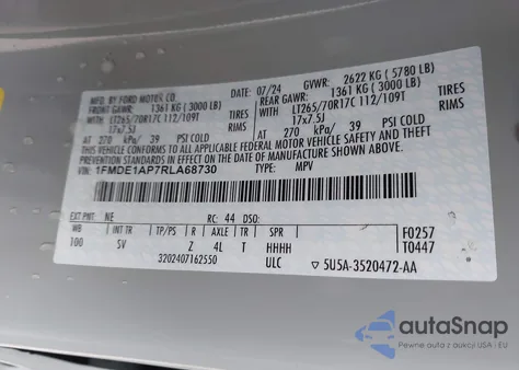 2024 Ford Bronco Black Diamond z USA, uszkodzony, nr VIN 1FMDE1AP7RLA68730